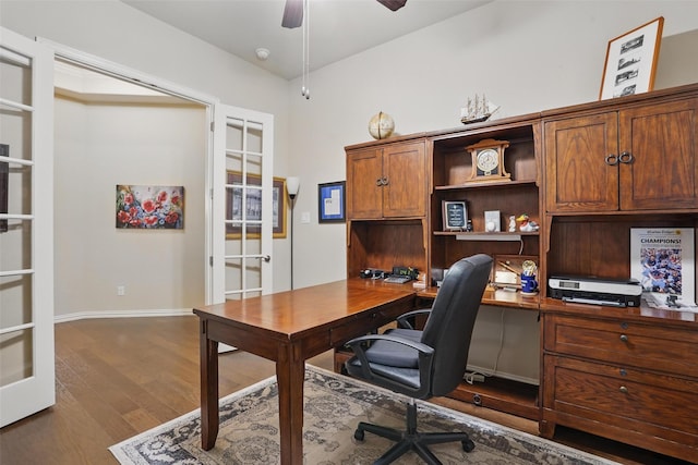 office with ceiling fan, baseboards, french doors, and wood finished floors