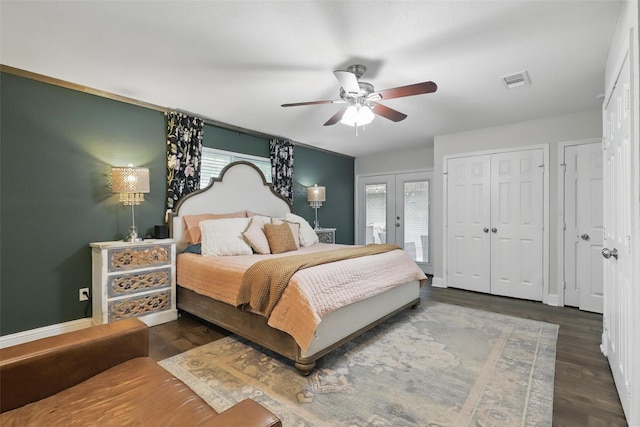 824 Wheelwood Dr, Hurst, TX 76053 - bedroom with ceiling fan, french doors, visible vents, and wood finished floors