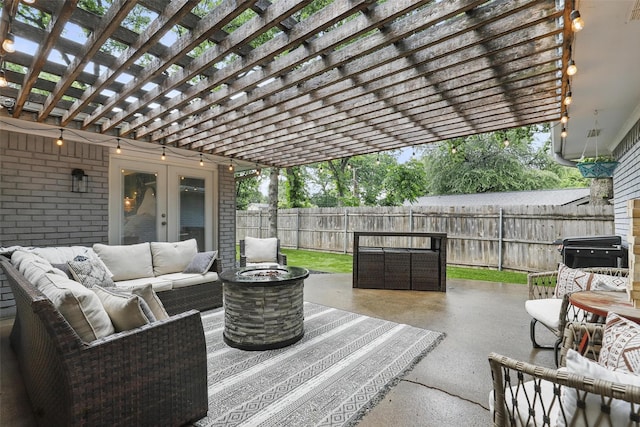 824 Wheelwood Dr, Hurst, TX 76053 - view of patio / terrace with an outdoor hangout area, a pergola, french doors, and a fenced backyard