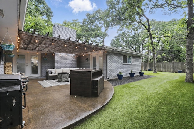 824 Wheelwood Dr, Hurst, TX 76053 - exterior space with an outdoor living space, french doors, fence, grilling area, and a pergola