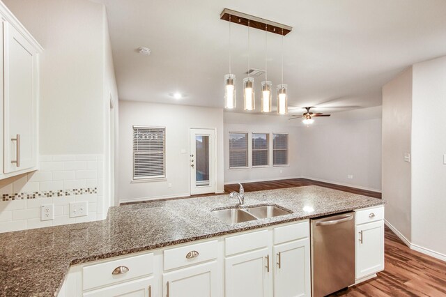 4605 Ashmark Rd, Little Elm, TX 76227 - kitchen featuring stone counters, a sink, open floor plan, ceiling fan, and dishwasher