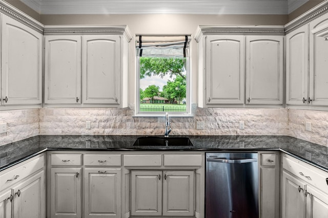 5807 Pebble Beach Dr, Granbury, TX 76049 - kitchen with dishwasher, a sink, crown molding, and decorative backsplash
