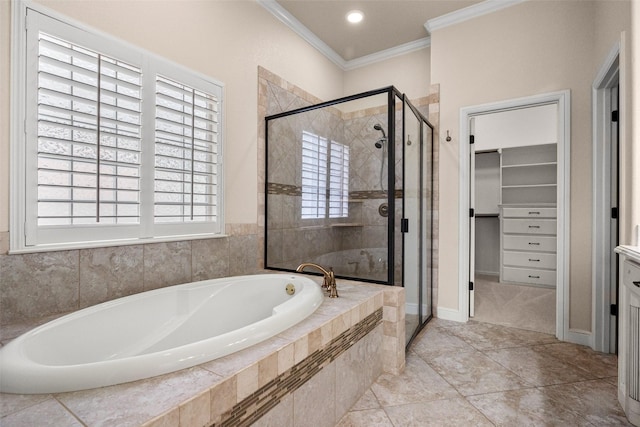 5807 Pebble Beach Dr, Granbury, TX 76049 - bathroom with a garden tub, crown molding, a shower stall, a spacious closet, and tile patterned flooring
