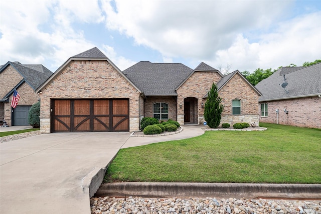 5807 Pebble Beach Dr, Granbury, TX 76049 - french country inspired facade featuring a garage, driveway, a front lawn, brick siding, and a shingled roof