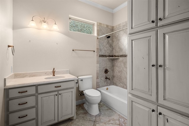 5807 Pebble Beach Dr, Granbury, TX 76049 - bathroom featuring ornamental molding, toilet, vanity, tub / shower combination, and baseboards