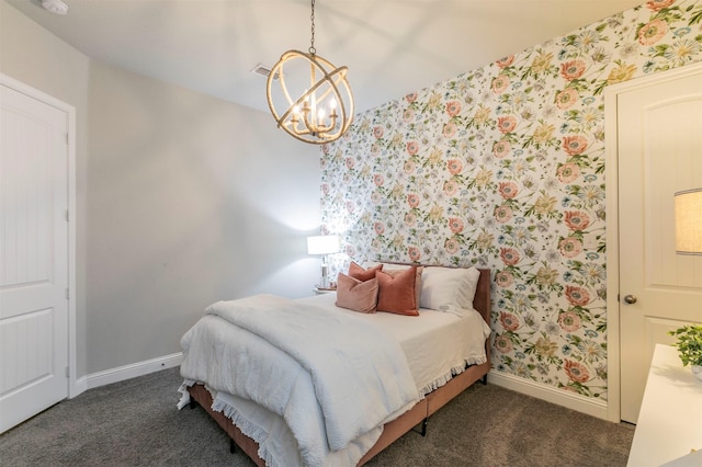 bedroom with baseboards, a chandelier, wallpapered walls, and carpet floors