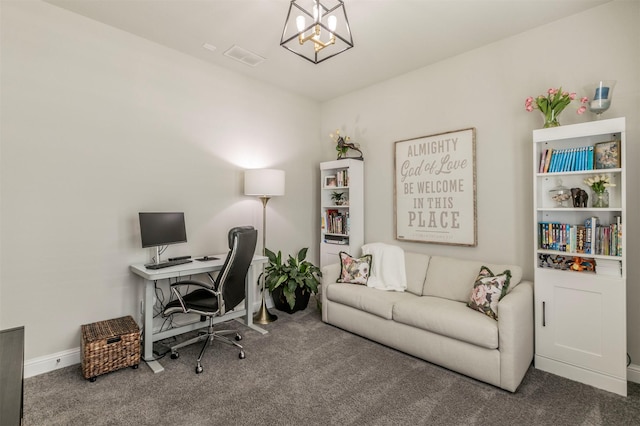 carpeted office space with baseboards, a chandelier, and visible vents