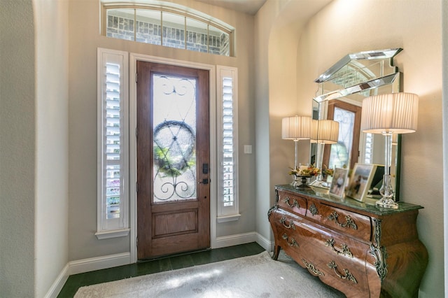 foyer with baseboards and wood finished floors