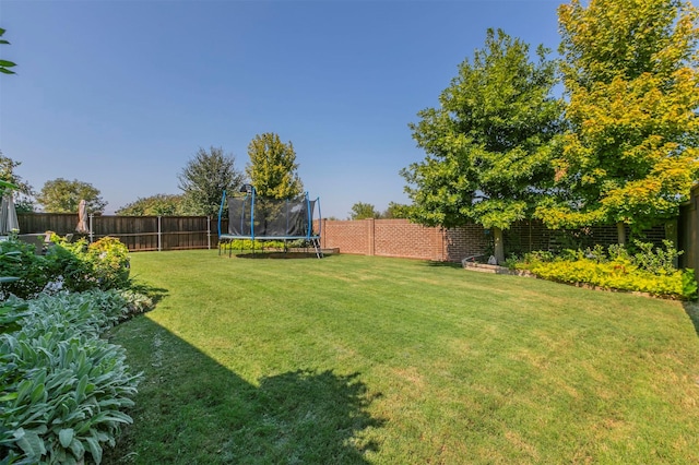 view of yard with a trampoline and a fenced backyard