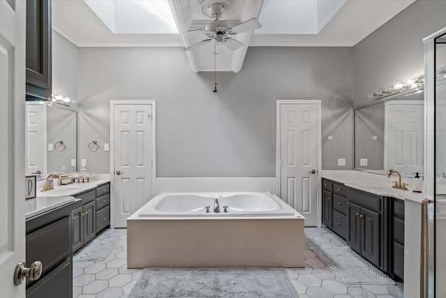 bathroom featuring tile patterned floors, a ceiling fan, two vanities, and a sink