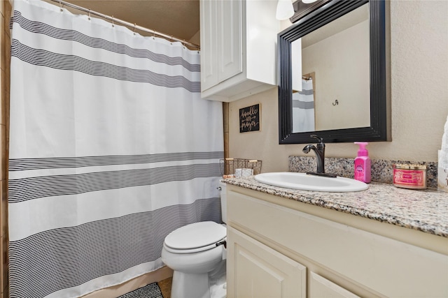 bathroom featuring toilet, vanity, and a shower with curtain
