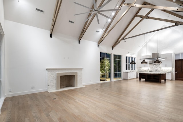 5747 Charlestown Dr, Dallas, TX 75230 - living area with beam ceiling, high vaulted ceiling, visible vents, a ceiling fan, and a fireplace with flush hearth