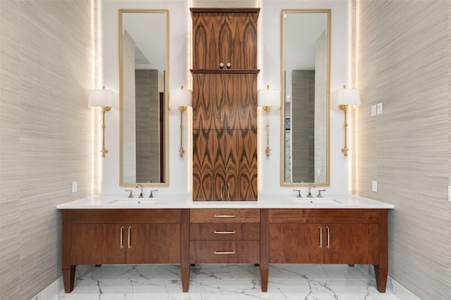 5747 Charlestown Dr, Dallas, TX 75230 - full bathroom with marble finish floor, double vanity, and a sink