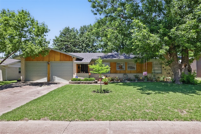 ranch-style house featuring brick siding, concrete driveway, a garage, a front lawn, and a shingled roof