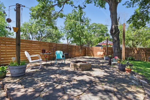 view of patio with a fire pit and a fenced backyard