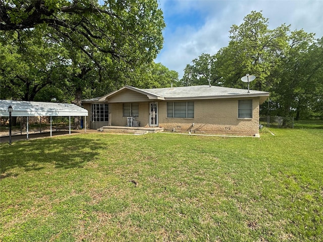 406 Mockingbird Ln, Chico, TX 76431 - rear view of house featuring a yard, a porch, brick siding, and crawl space
