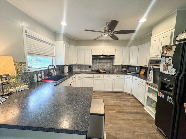 406 Mockingbird Ln, Chico, TX 76431 - kitchen featuring a sink, white cabinets, ceiling fan, black appliances, and under cabinet range hood