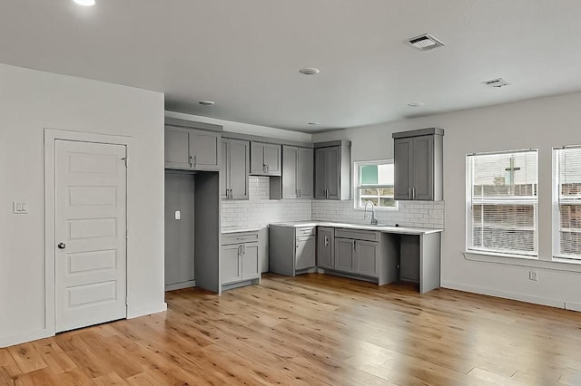 503 W Martin Luther King St, Denison, TX 75020 - kitchen featuring light wood-style floors, visible vents, tasteful backsplash, and gray cabinetry