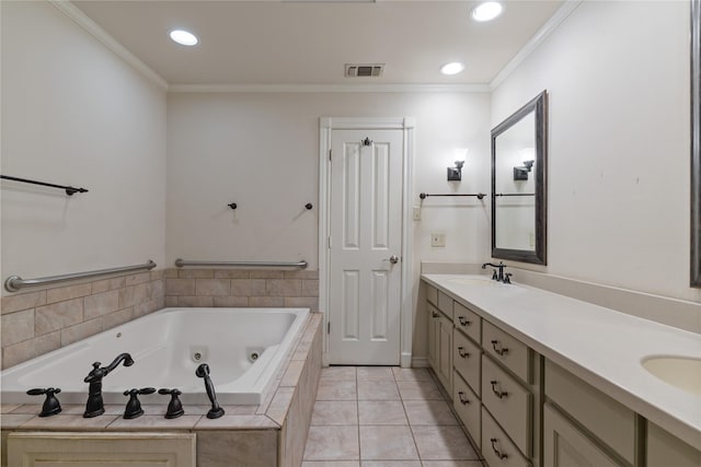 full bath featuring double vanity, a sink, a whirlpool tub, visible vents, and ornamental molding