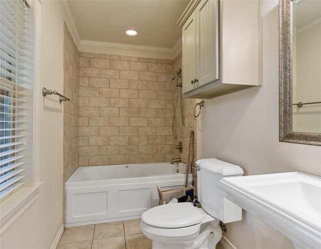 full bath featuring toilet, bathtub / shower combination, tile patterned flooring, and crown molding