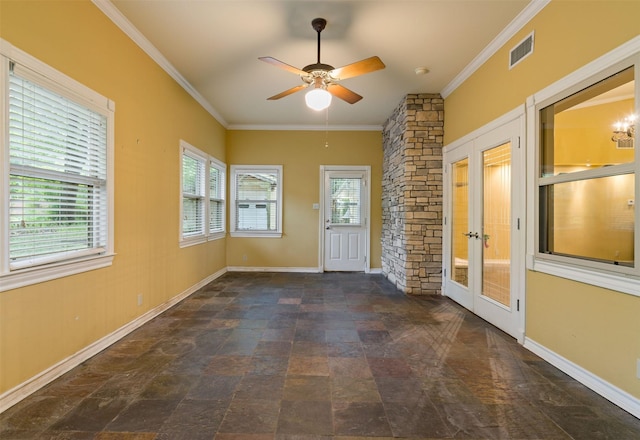 unfurnished sunroom with visible vents and french doors