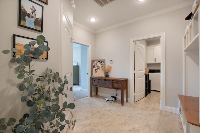 hall featuring visible vents, baseboards, ornamental molding, and recessed lighting
