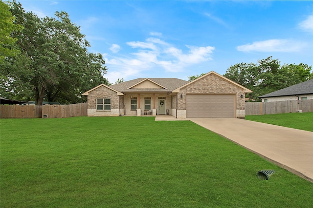 ranch-style house featuring a front lawn, brick siding, fence, and a garage