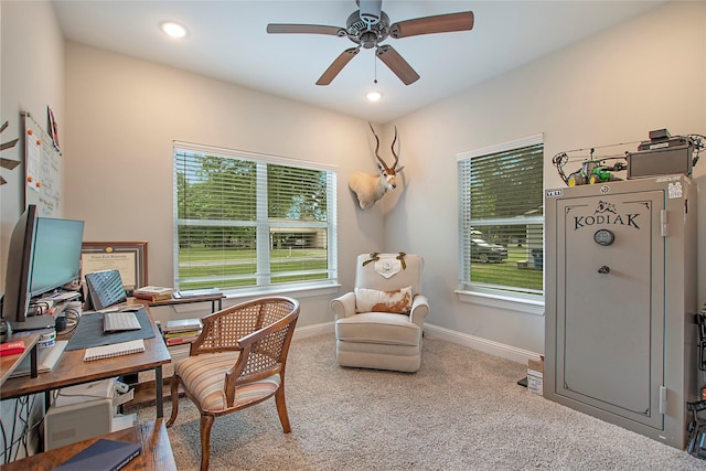 office space featuring baseboards, recessed lighting, ceiling fan, and carpet floors