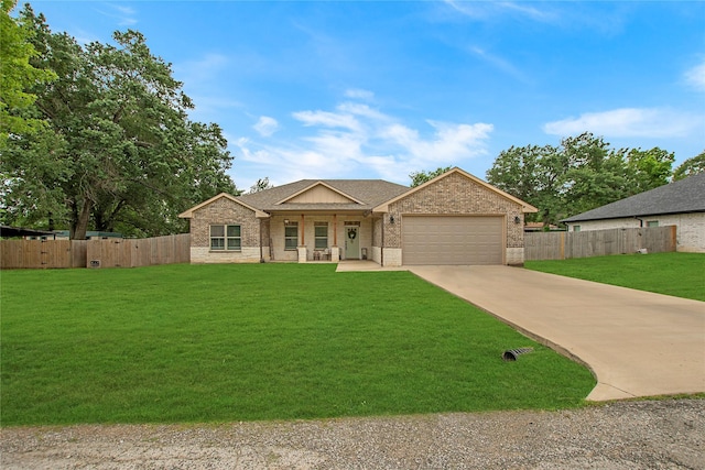 ranch-style house featuring fence, a garage, brick siding, and driveway
