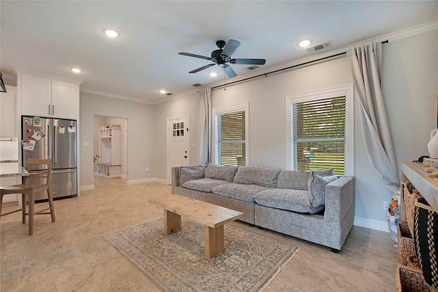 living room featuring ornamental molding, visible vents, ceiling fan, and recessed lighting