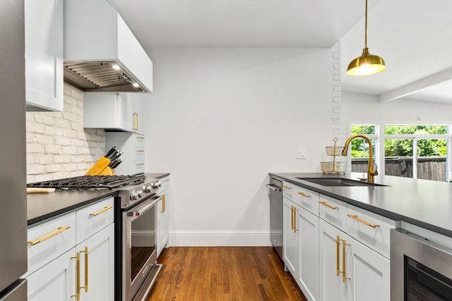 8831 Lanarkshire Dr, Dallas, TX 75238 - kitchen featuring stainless steel appliances, a sink, premium range hood, wine cooler, and tasteful backsplash