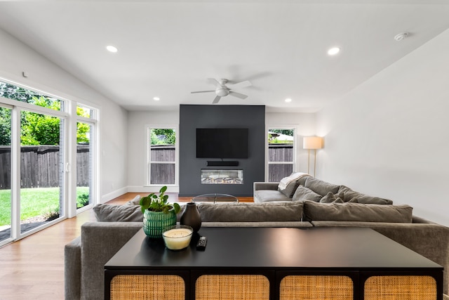 8831 Lanarkshire Dr, Dallas, TX 75238 - living area with recessed lighting, wood finished floors, a ceiling fan, and baseboards