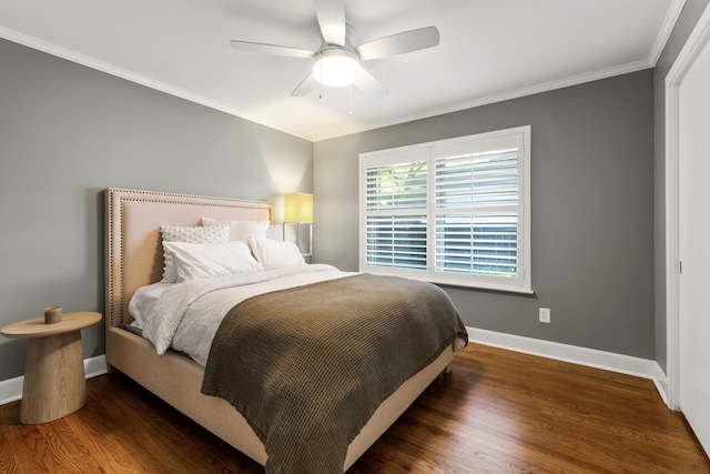 8831 Lanarkshire Dr, Dallas, TX 75238 - bedroom featuring baseboards, wood finished floors, crown molding, and a ceiling fan