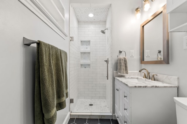 8831 Lanarkshire Dr, Dallas, TX 75238 - full bathroom with vanity, a shower stall, toilet, and tile patterned floors