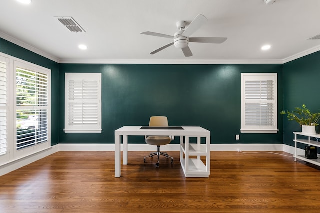 8831 Lanarkshire Dr, Dallas, TX 75238 - office featuring ornamental molding, a ceiling fan, wood finished floors, baseboards, and recessed lighting