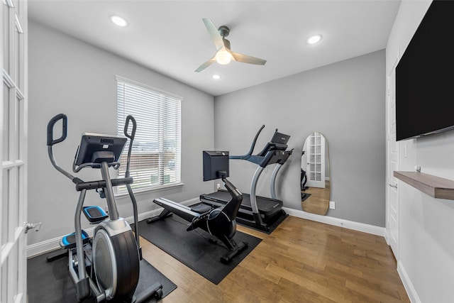 2472 Bainbridge Dr, Allen, TX 75013 - exercise room featuring ceiling fan, wood finished floors, recessed lighting, and baseboards