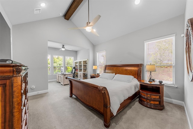 2472 Bainbridge Dr, Allen, TX 75013 - bedroom featuring beamed ceiling, baseboards, high vaulted ceiling, light colored carpet, and ceiling fan