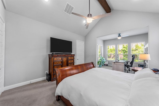 2472 Bainbridge Dr, Allen, TX 75013 - bedroom featuring beamed ceiling, carpet floors, baseboards, high vaulted ceiling, and ceiling fan