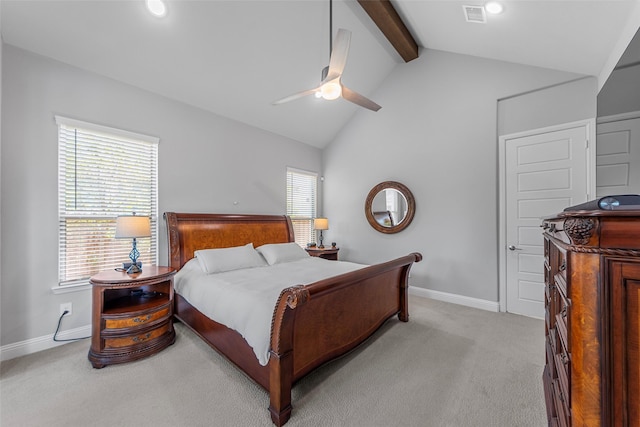 2472 Bainbridge Dr, Allen, TX 75013 - bedroom with light colored carpet, beamed ceiling, baseboards, high vaulted ceiling, and ceiling fan