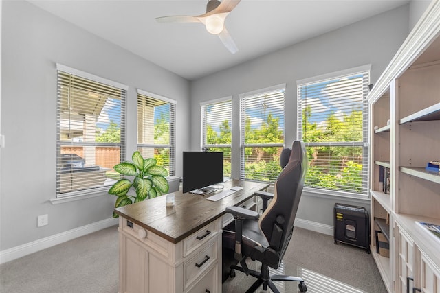 2472 Bainbridge Dr, Allen, TX 75013 - home office featuring baseboards, light colored carpet, and a ceiling fan