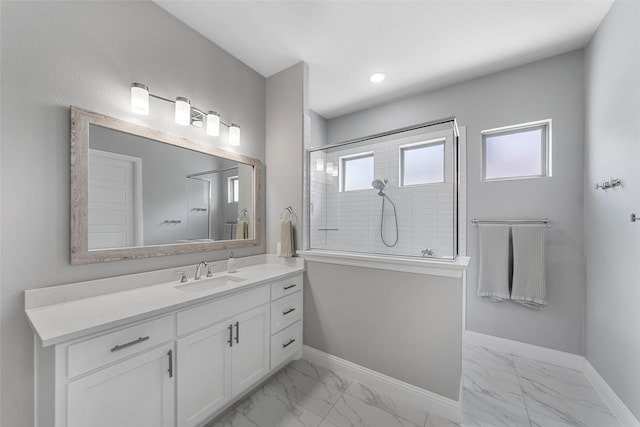 2472 Bainbridge Dr, Allen, TX 75013 - bathroom featuring baseboards, a walk in shower, marble finish floors, vanity, and recessed lighting