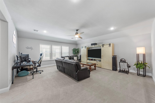 2472 Bainbridge Dr, Allen, TX 75013 - living room with baseboards, light carpet, a ceiling fan, a desk, and recessed lighting