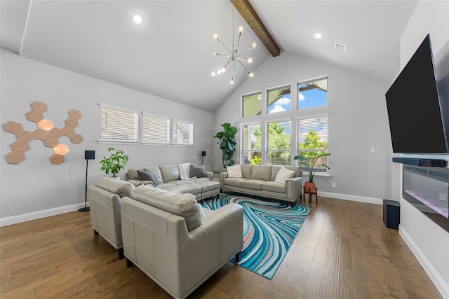 2472 Bainbridge Dr, Allen, TX 75013 - living room with beamed ceiling, baseboards, high vaulted ceiling, wood finished floors, and a chandelier