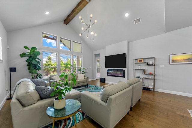2472 Bainbridge Dr, Allen, TX 75013 - living area featuring beamed ceiling, baseboards, high vaulted ceiling, dark wood-style floors, and a chandelier