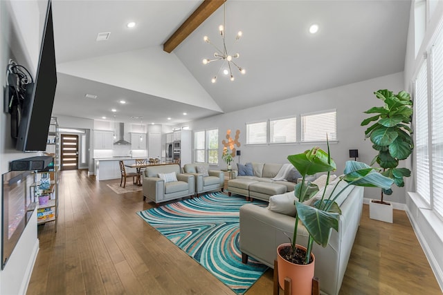 2472 Bainbridge Dr, Allen, TX 75013 - living area featuring beamed ceiling, a chandelier, dark wood-style flooring, and high vaulted ceiling