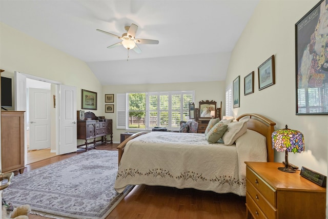 24 Tallwood Ln, Edgecliff Village, TX 76134 - bedroom with vaulted ceiling, dark wood-style flooring, and a ceiling fan