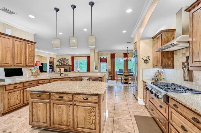 1421 Rolling, Celina, TX 75009 - kitchen with wall chimney range hood, built in appliances, brown cabinets, a sink, and tasteful backsplash