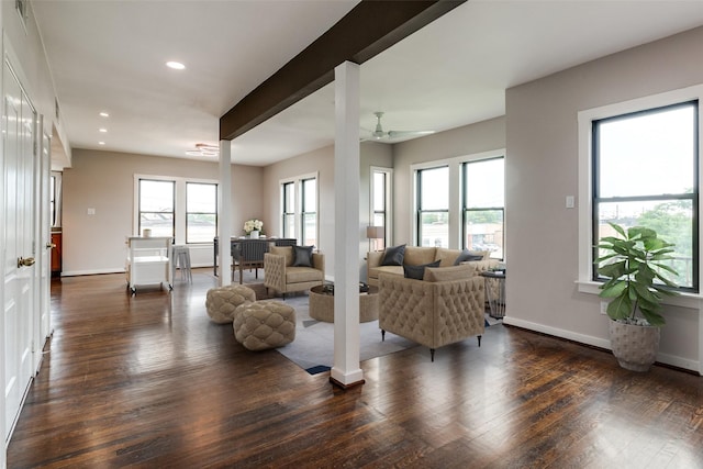 living room with recessed lighting, baseboards, a ceiling fan, and dark wood finished floors