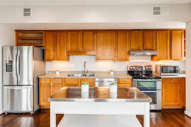 kitchen featuring under cabinet range hood, a sink, visible vents, and appliances with stainless steel finishes