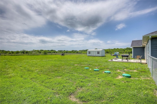 view of yard with a storage shed, a patio, and an outdoor structure